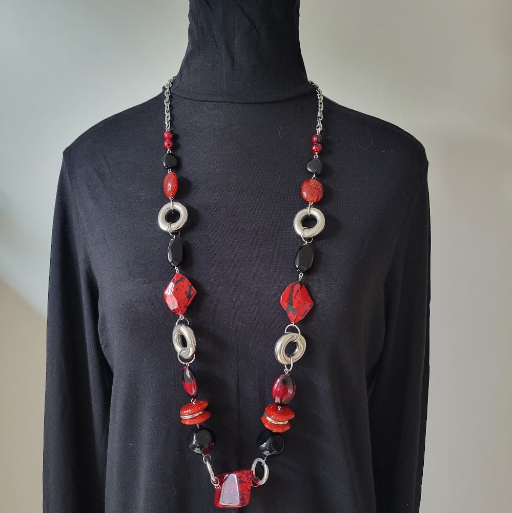 Silver/ Red/ Black Beaded Long Necklace